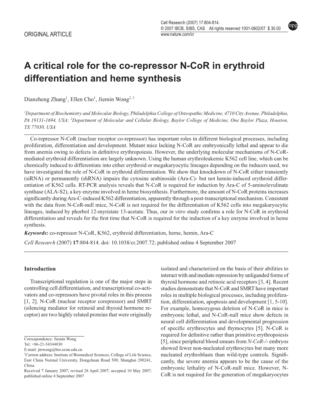 A Critical Role for the Co-Repressor N-Cor in Erythroid Differentiation and Heme Synthesis