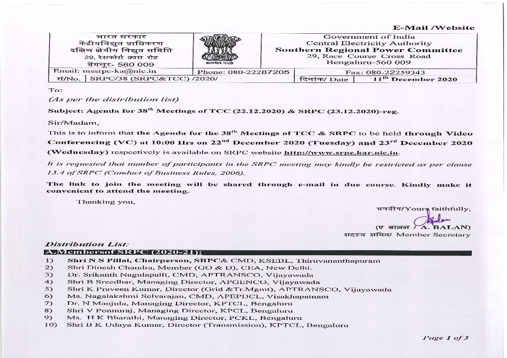 Agenda for 38Th Meeting of TCC / SRPC