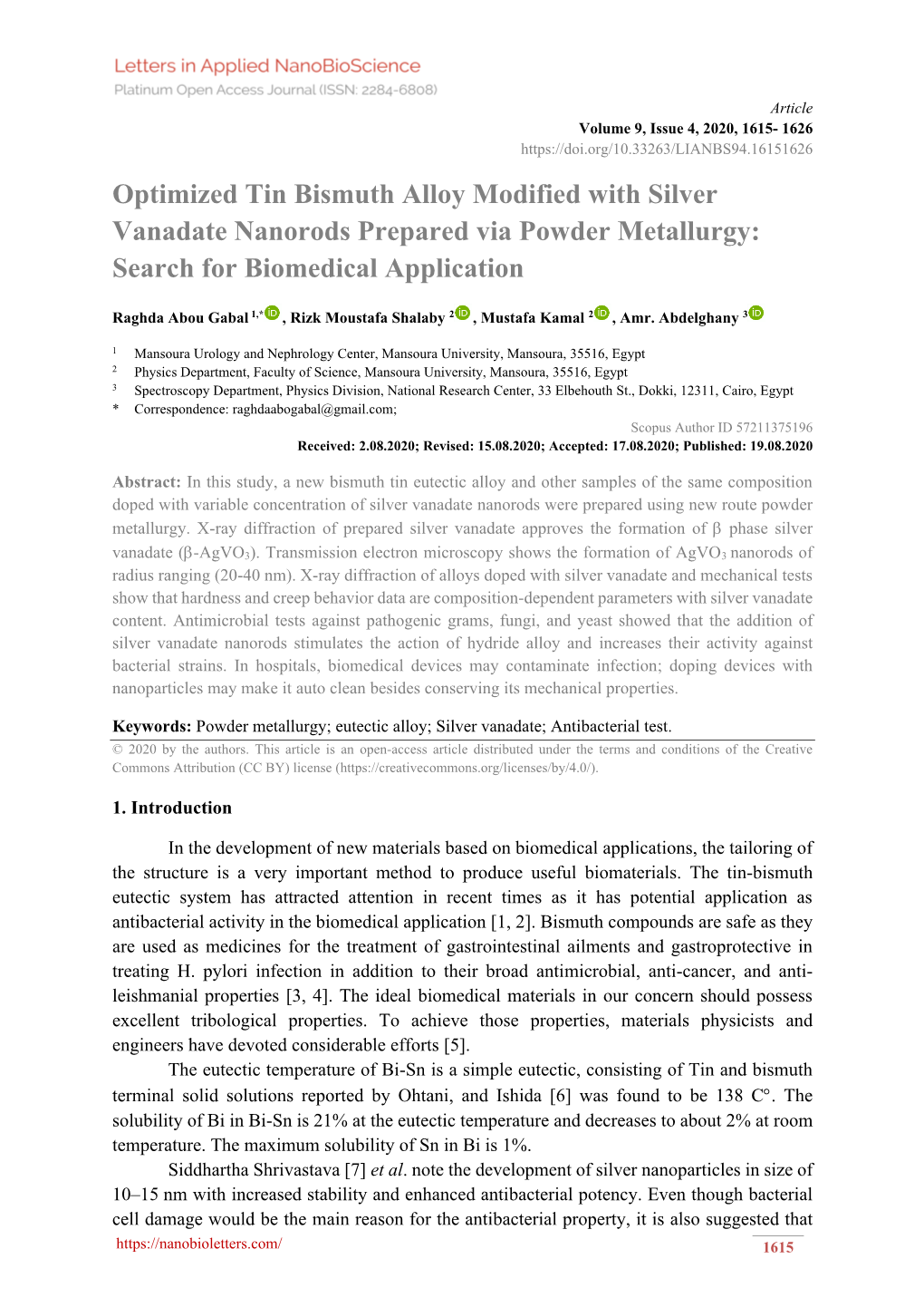 Optimized Tin Bismuth Alloy Modified with Silver Vanadate Nanorods Prepared Via Powder Metallurgy: Search for Biomedical Application