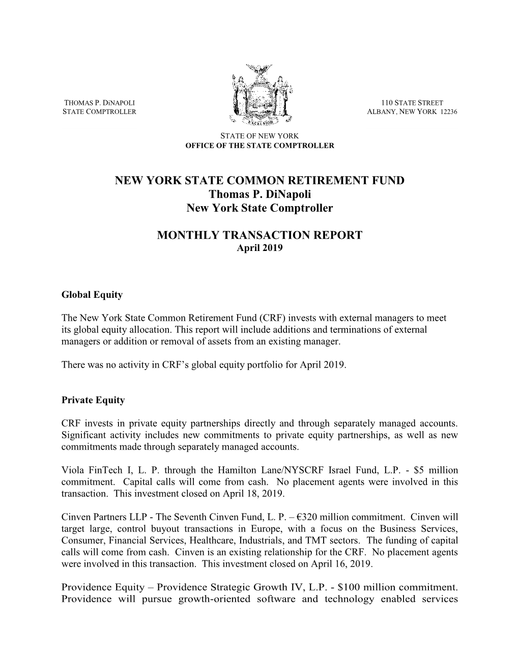 NYSCRF Monthly Transaction Report April 2019