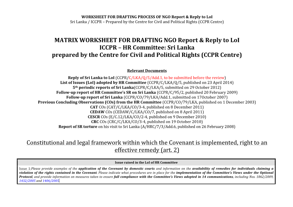MATRIX WORKSHEET for DRAFTING NGO Report & Reply To