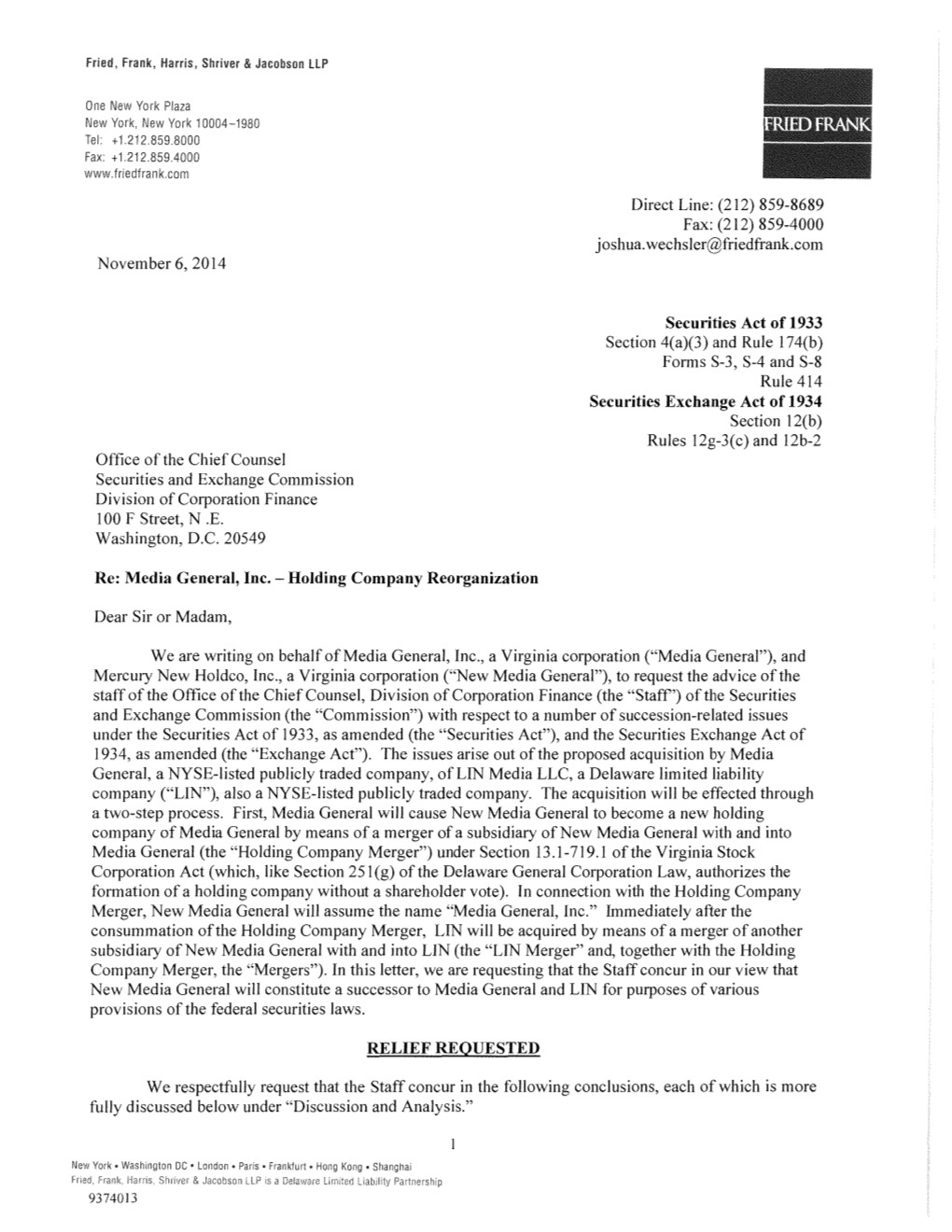 Incoming Letter: Media General, Inc