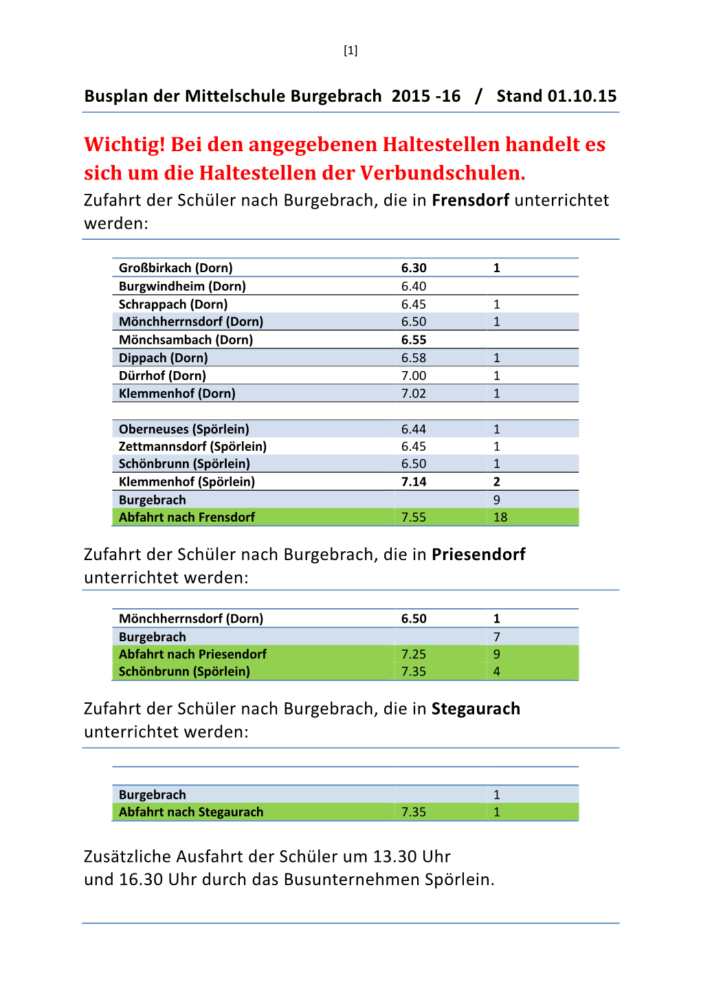 Wichtig! Bei Den Angegebenen Haltestellen Handelt Es Sich Um Die Haltestellen Der Verbundschulen