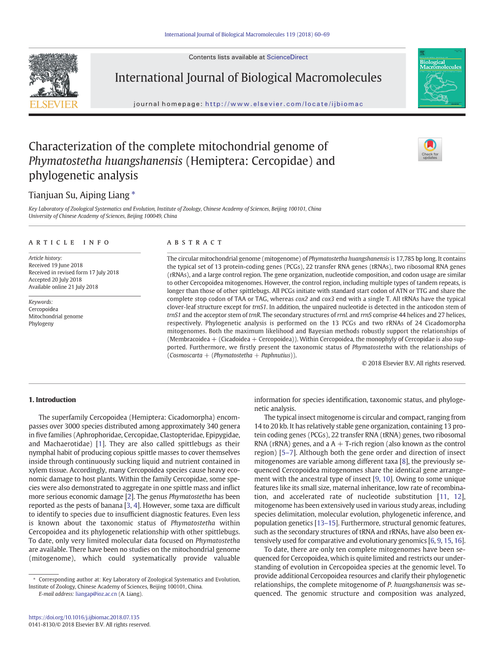 Characterization of the Complete Mitochondrial Genome of Phymatostetha Huangshanensis (Hemiptera: Cercopidae) and Phylogenetic Analysis