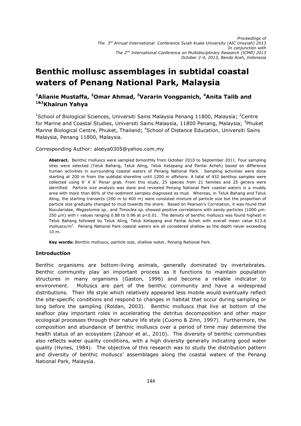 Benthic Mollusc Assemblages in Subtidal Coastal Waters of Penang National Park, Malaysia