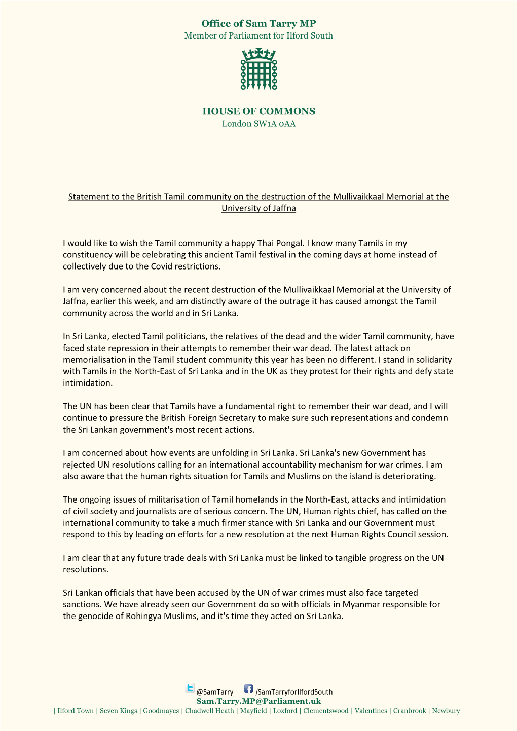 Office of Sam Tarry MP HOUSE of COMMONS Statement to the British