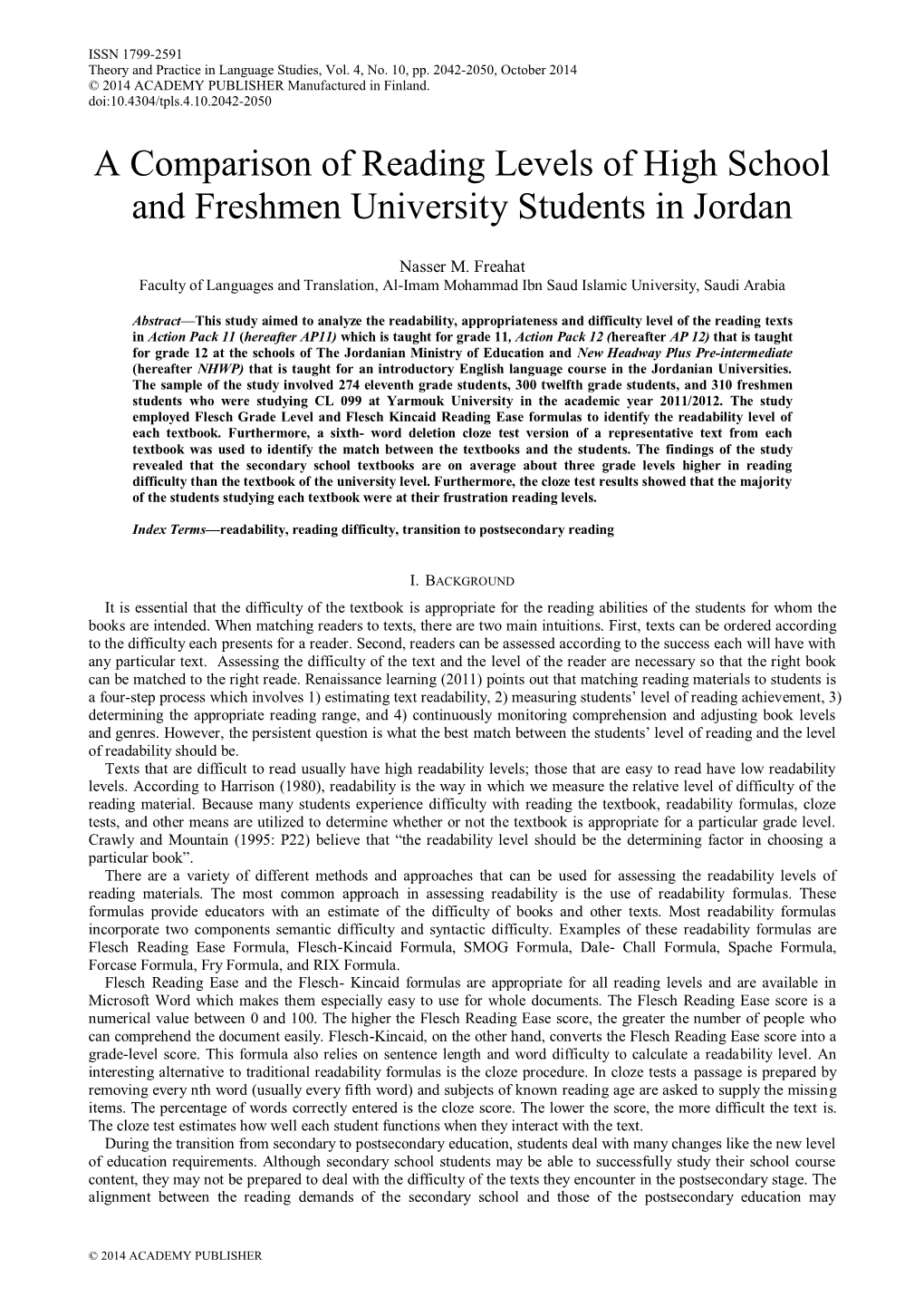 A Comparison of Reading Levels of High School and Freshmen University Students in Jordan