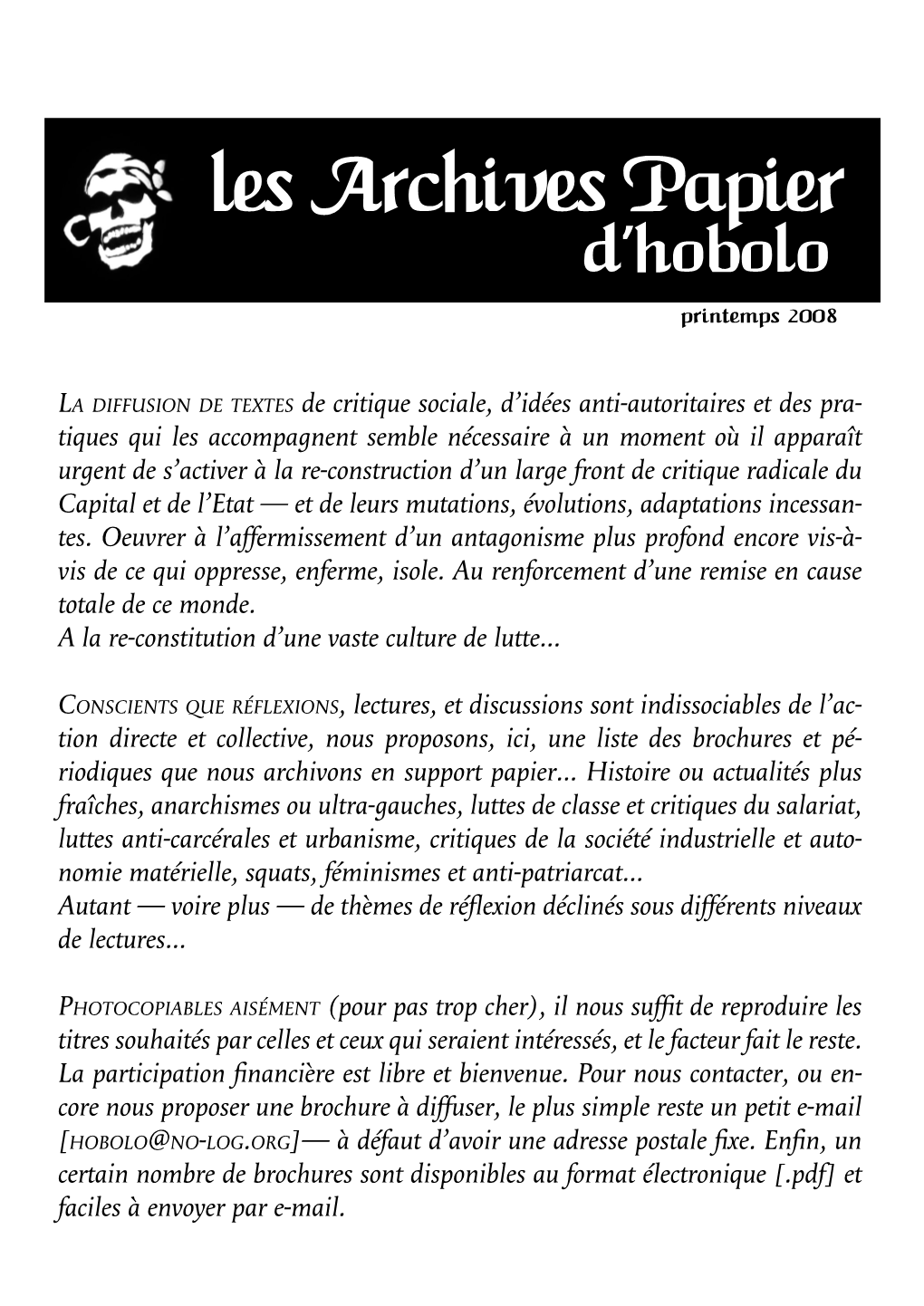 Les Archives Papier D’Hobolo Printemps 2008