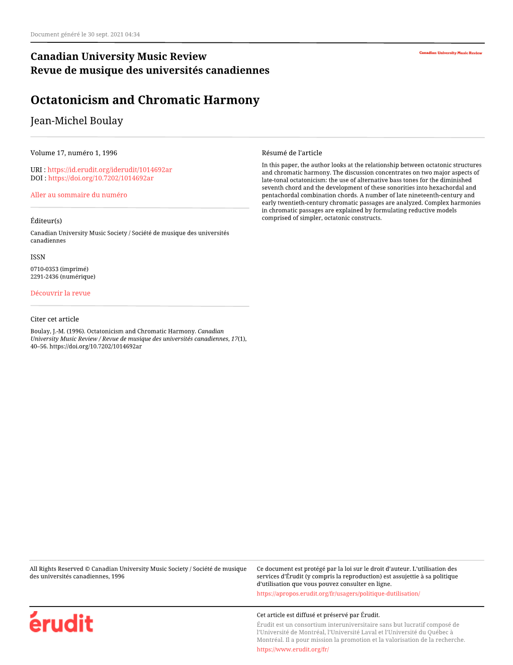 Octatonicism and Chromatic Harmony Jean-Michel Boulay