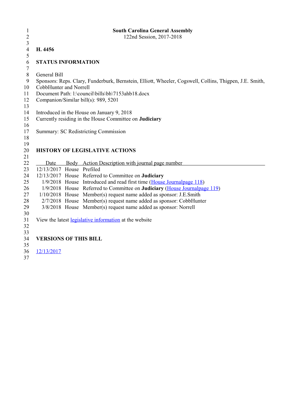 2017-2018 Bill 4456: SC Redistricting Commission - South Carolina Legislature Online