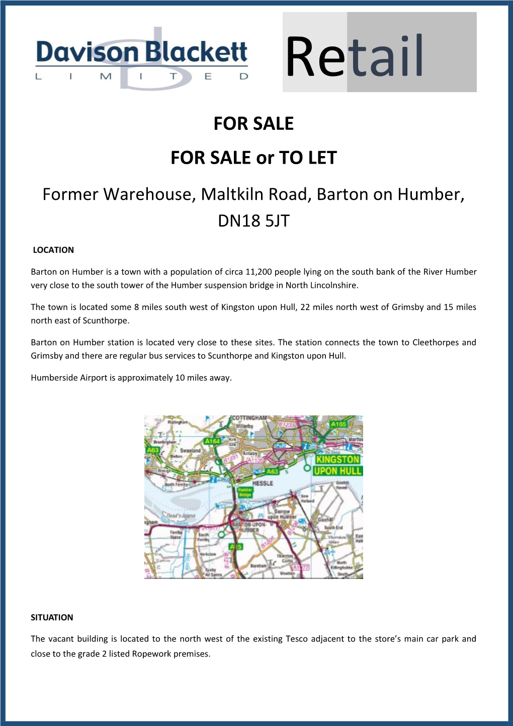 FOR SALE for SALE Or to LET Former Warehouse, Maltkiln Road, Barton on Humber, DN18 5JT