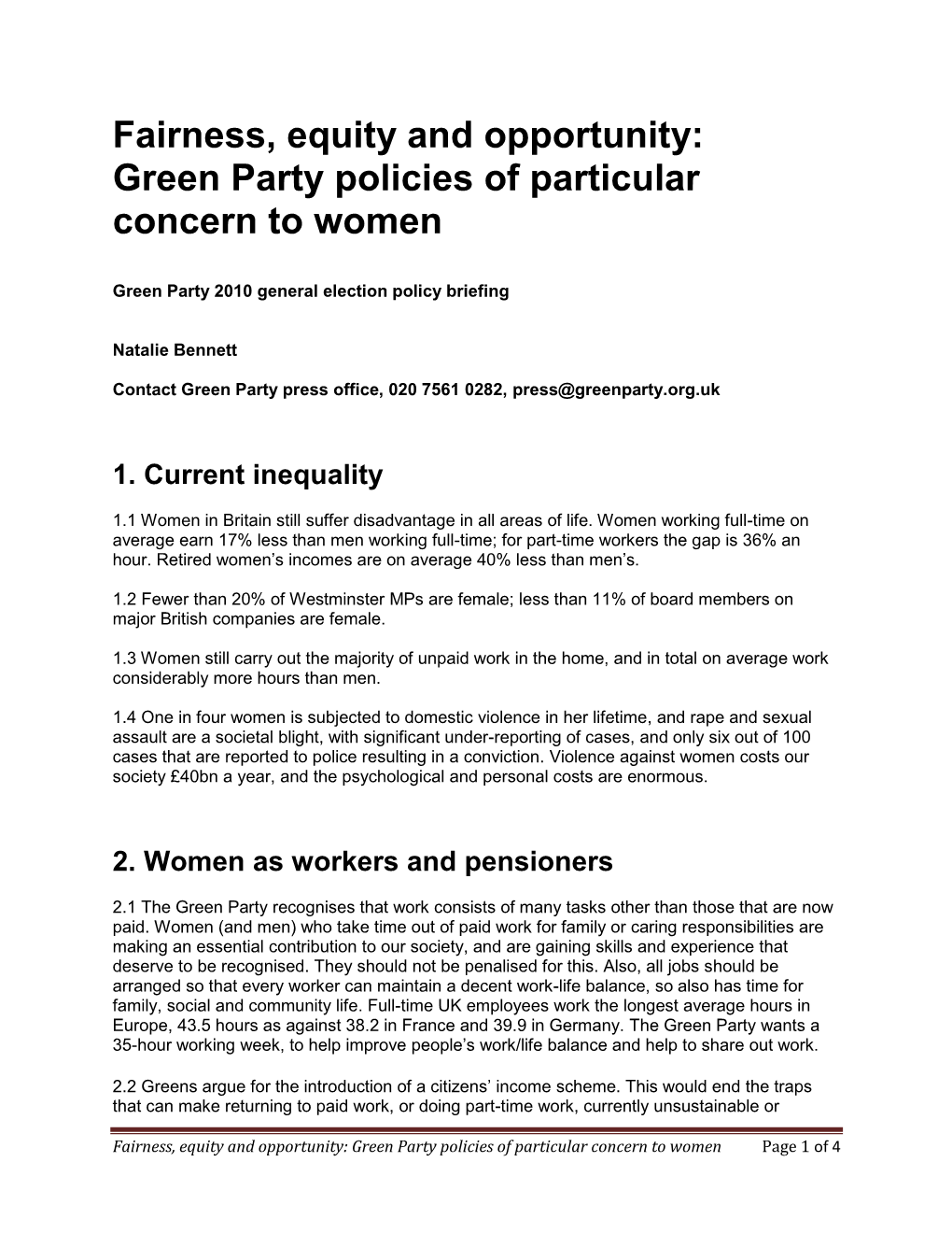 Fairness, Equity and Opportunity: Green Party Policies of Particular Concern to Women