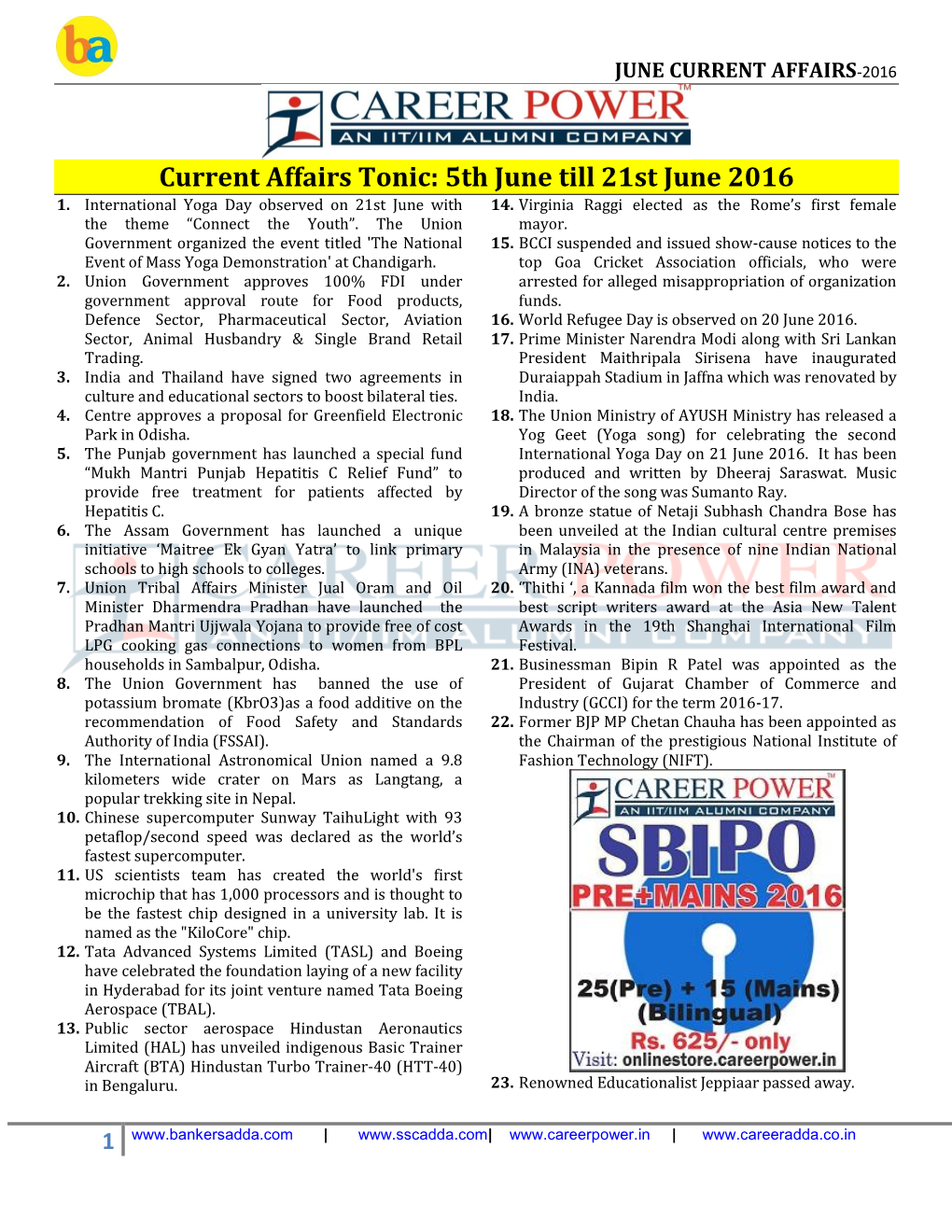 Current Affairs Tonic: 5Th June Till 21St June 2016 1