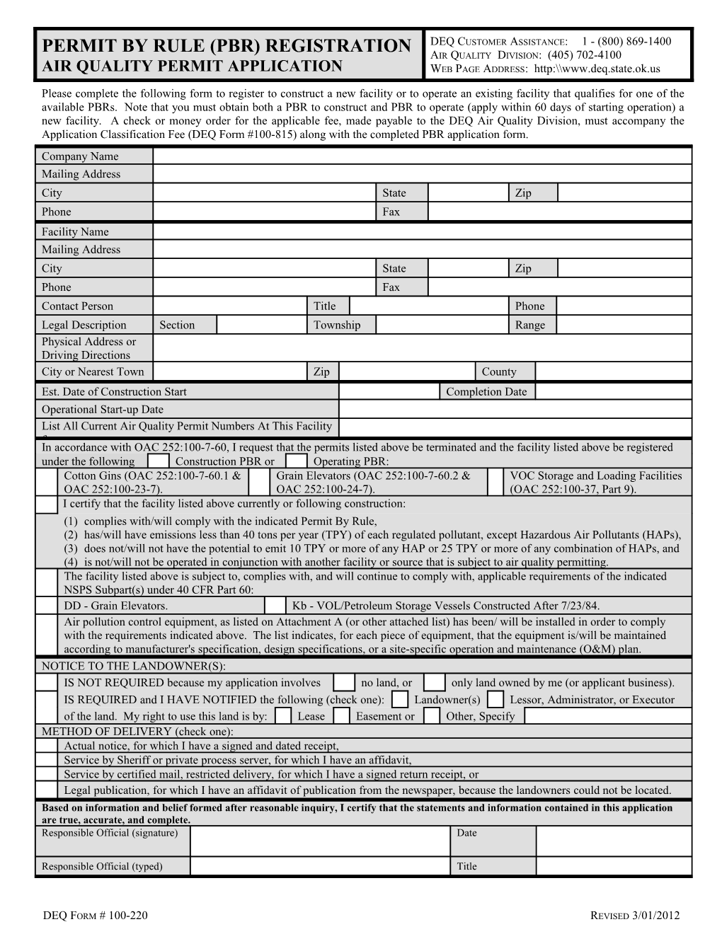 APPICATION for PERMIT:Minor Source Natural Gas Compressor Station