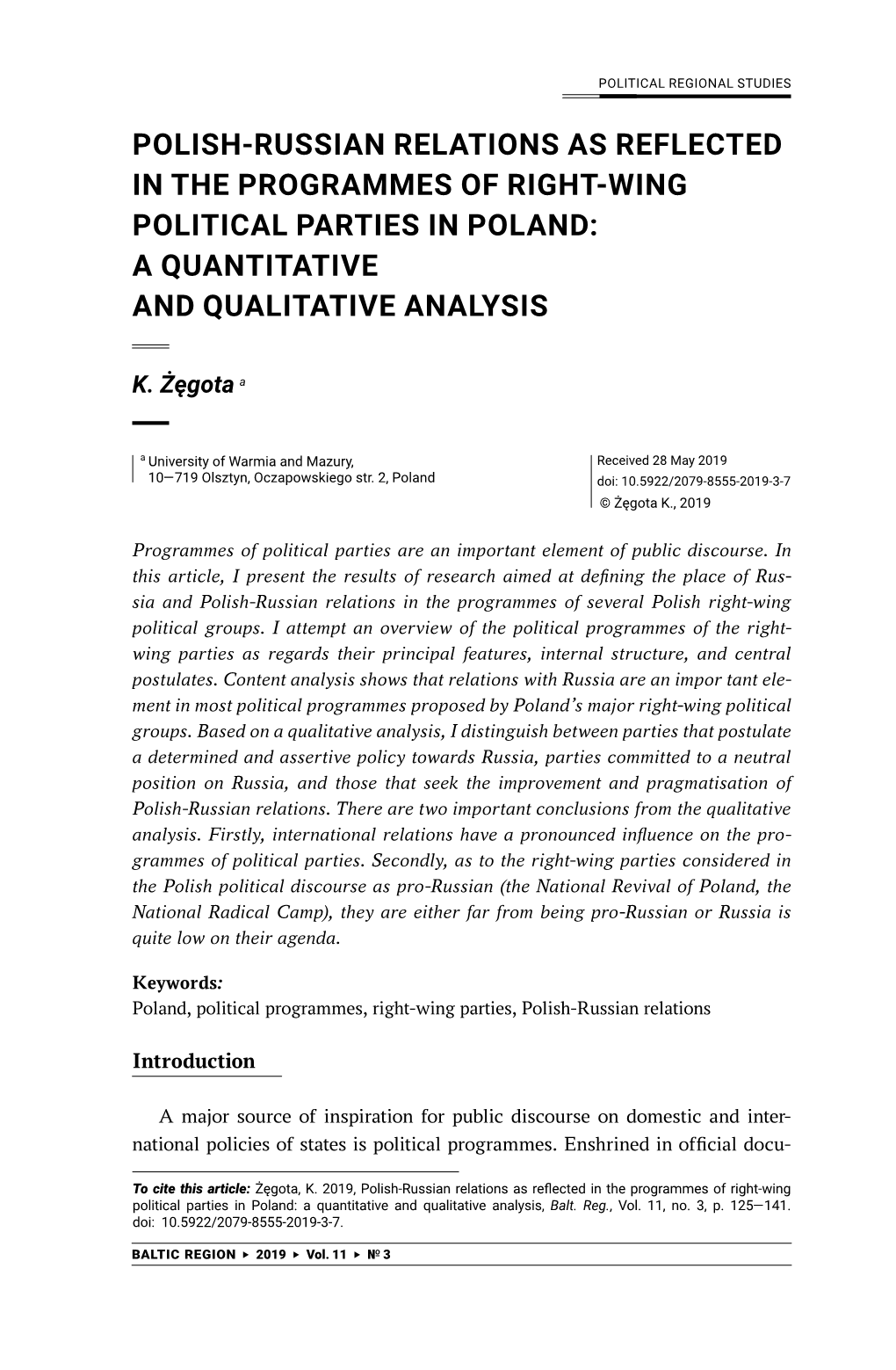 Polish-Russian Relations As Reflected in the Programmes of Right-Wing Political Parties in Poland: a Quantitative and Qualitative Analysis