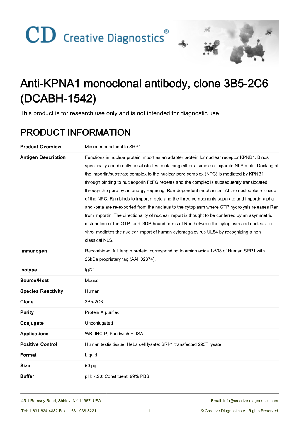 Anti-KPNA1 Monoclonal Antibody, Clone 3B5-2C6 (DCABH-1542) This Product Is for Research Use Only and Is Not Intended for Diagnostic Use