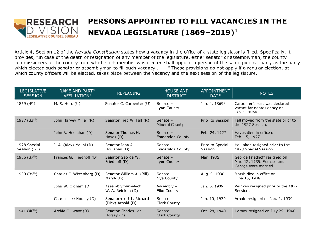 Persons Appointed to Fill Vacancies in the Nevada Legislature (1869–2019)1