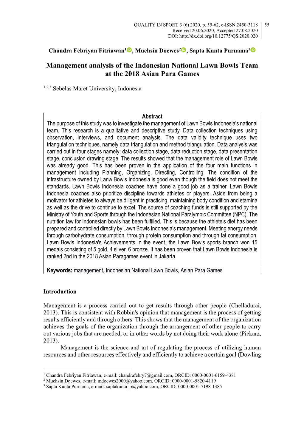 Management Analysis of the Indonesian National Lawn Bowls Team at the 2018 Asian Para Games