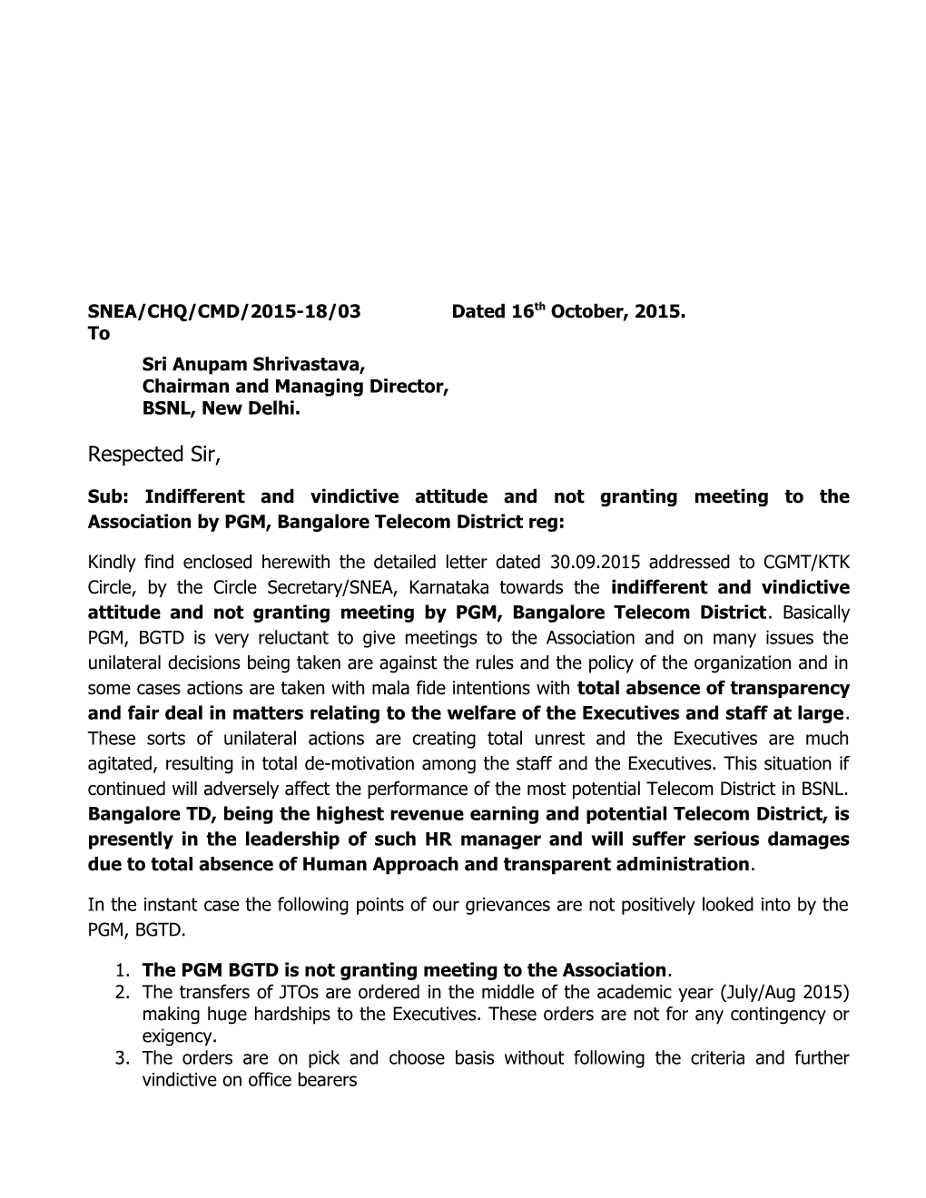 SNEA/CHQ/CMD/2015-18/03 Dated 16Th October, 2015