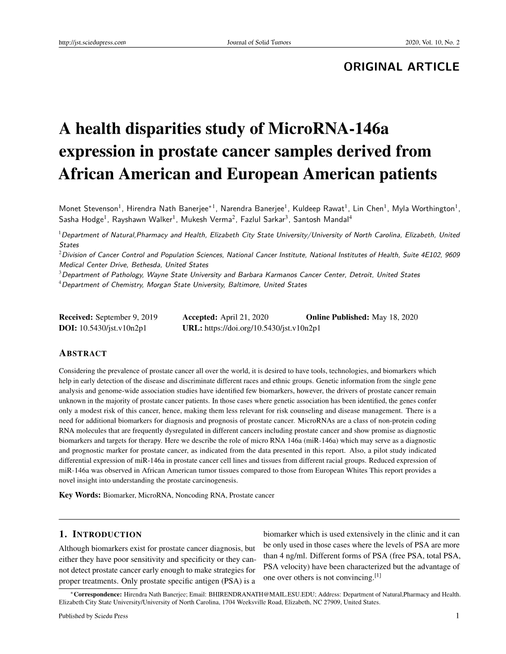 A Health Disparities Study of Microrna-146A Expression in Prostate Cancer Samples Derived from African American and European American Patients