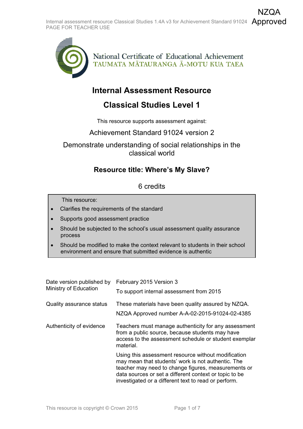 Level 1 Classical Studies Internal Assessment Resource