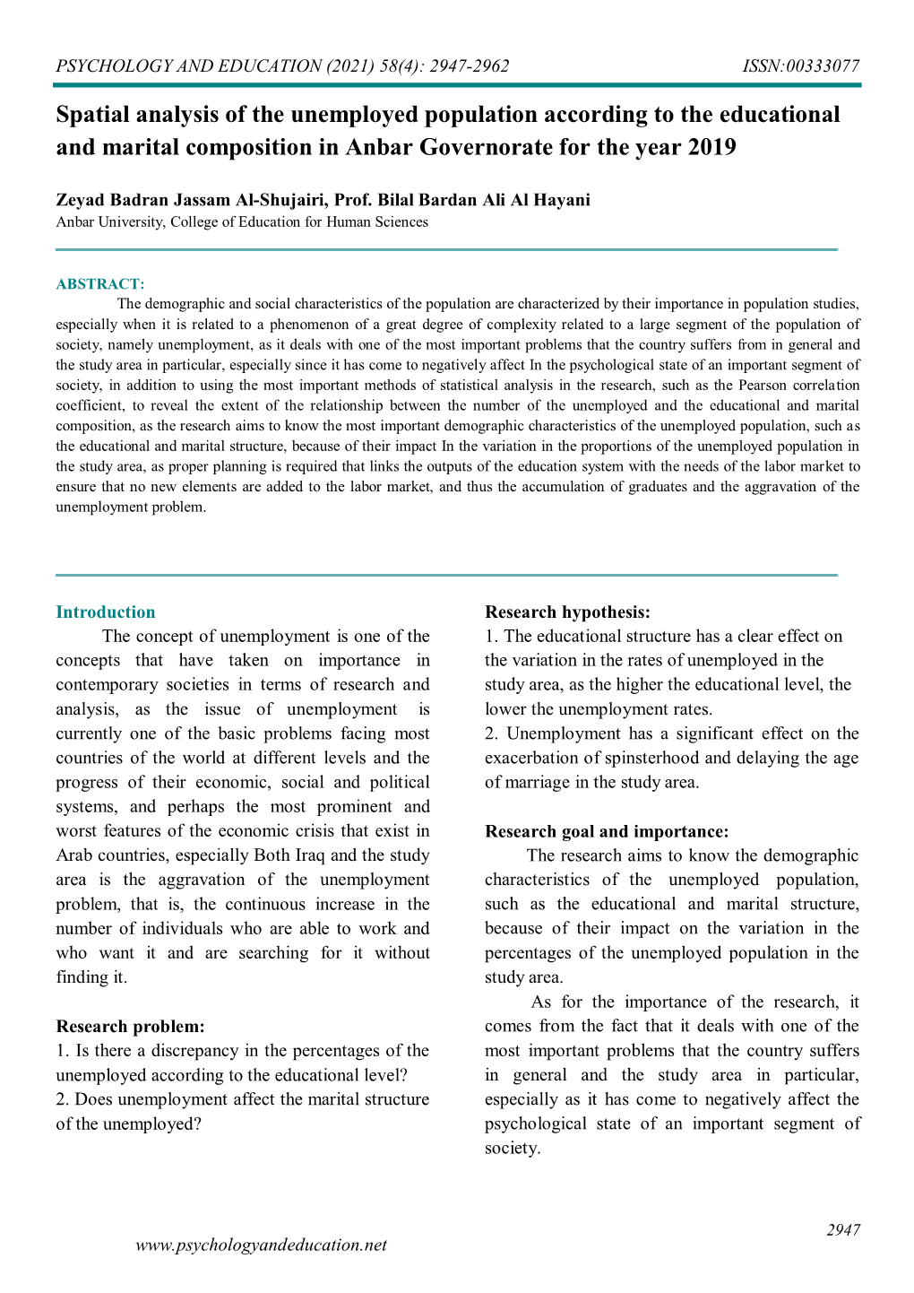 Spatial Analysis of the Unemployed Population According to the Educational and Marital Composition in Anbar Governorate for the Year 2019