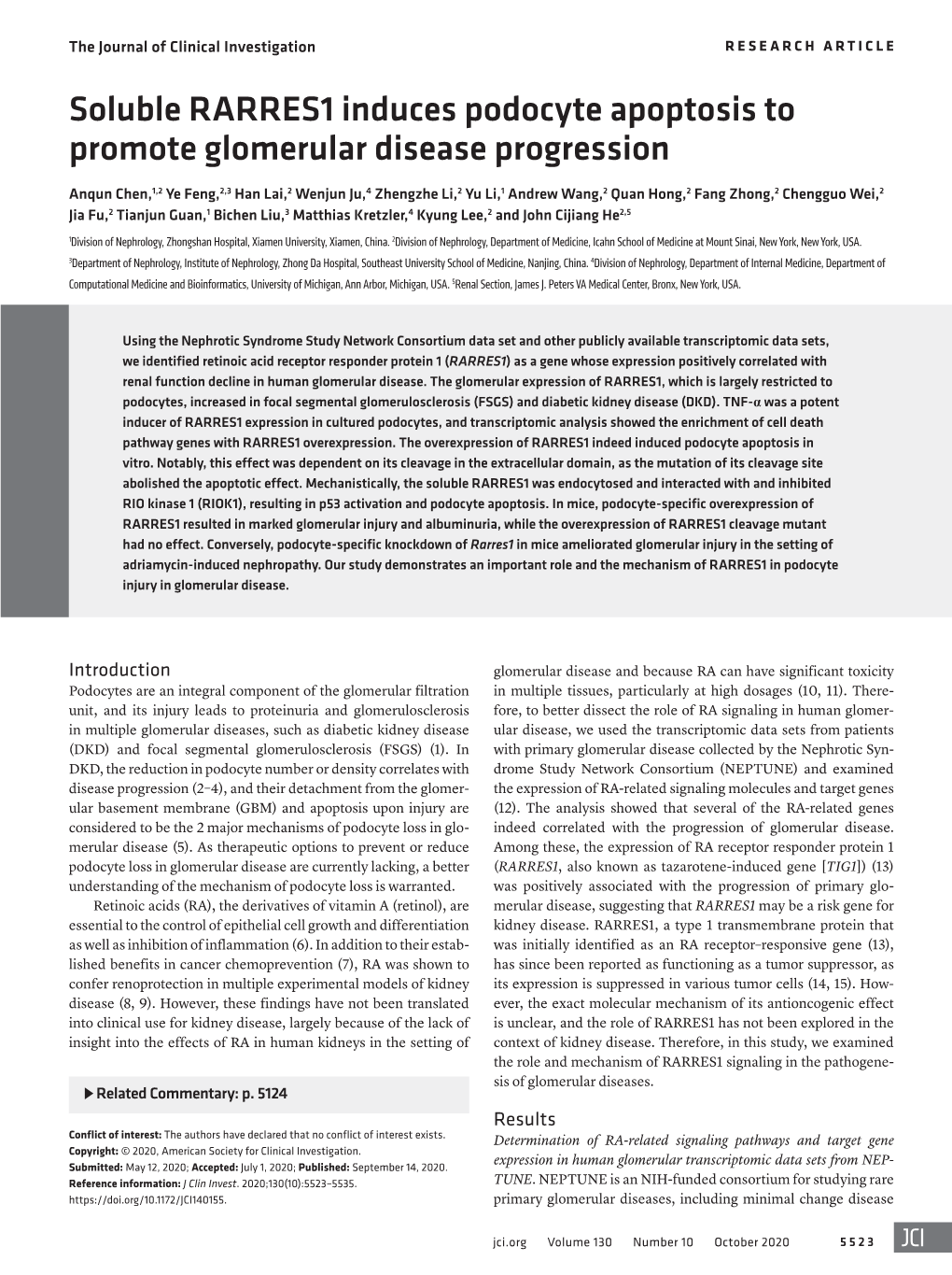 Soluble RARRES1 Induces Podocyte Apoptosis to Promote Glomerular Disease Progression