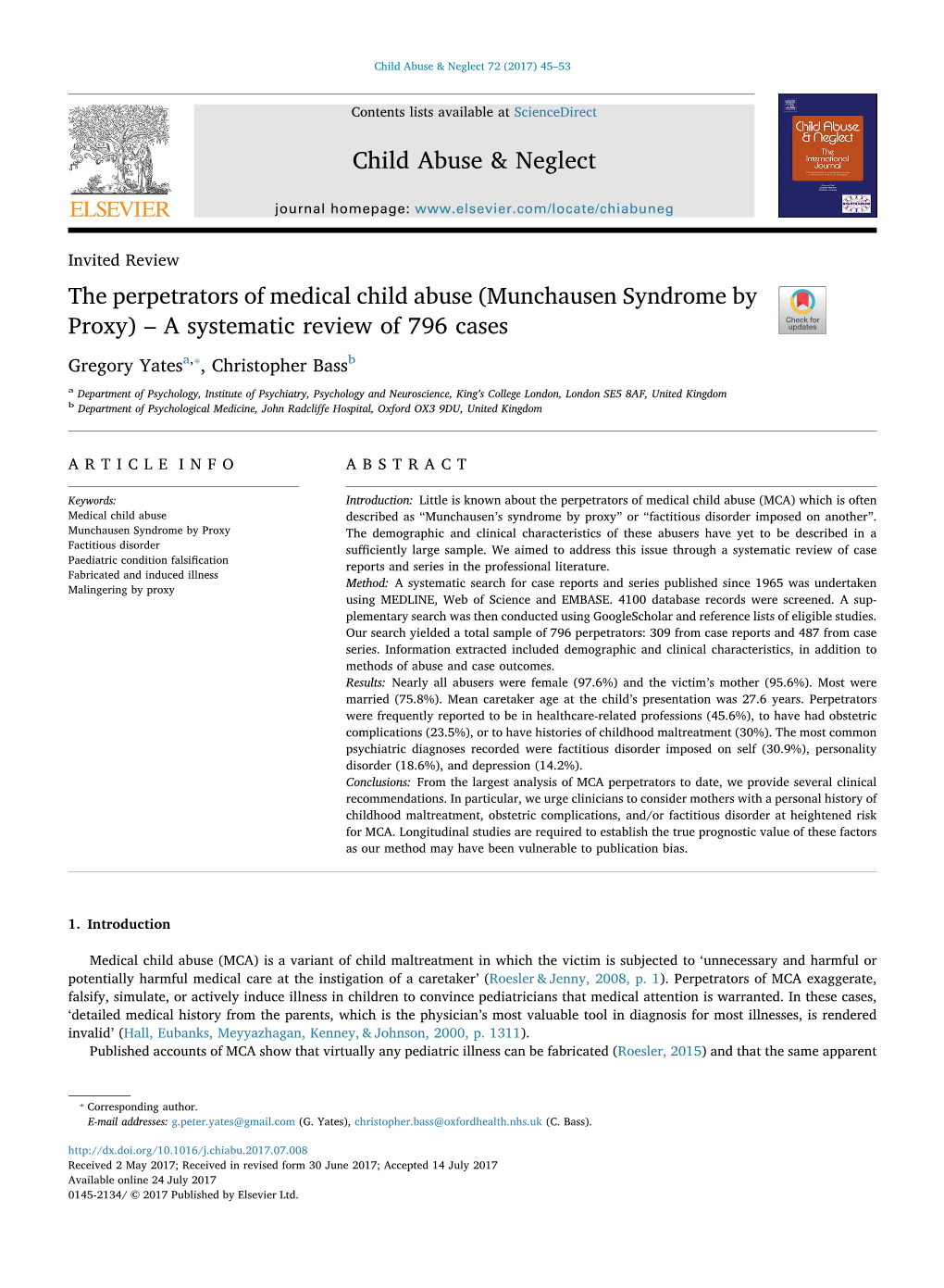 The Perpetrators of Medical Child Abuse (Munchausen Syndrome by Proxy) – a Systematic Review of 796 Cases