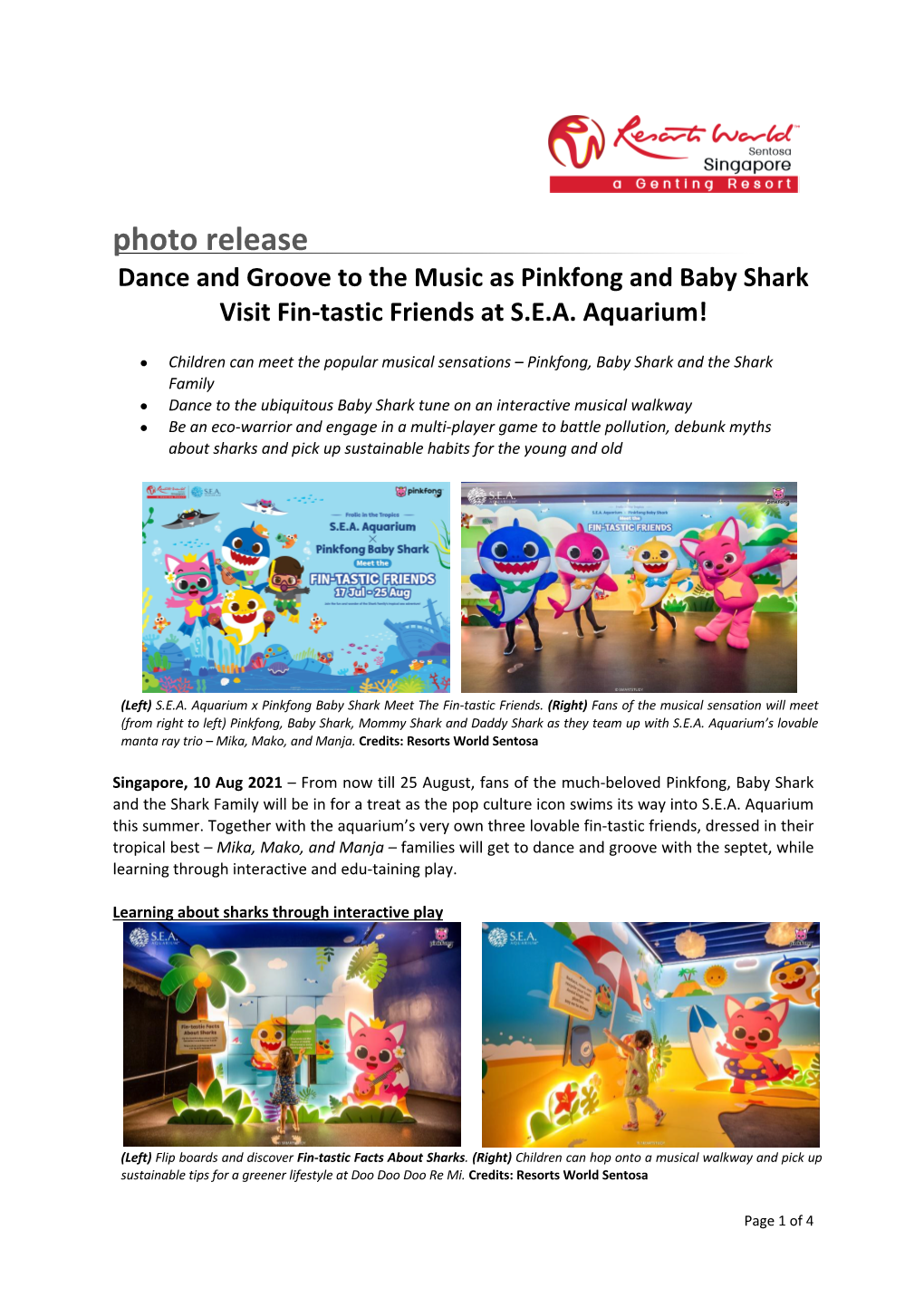 Photo Release Dance and Groove to the Music As Pinkfong and Baby Shark Visit Fin-Tastic Friends at S.E.A