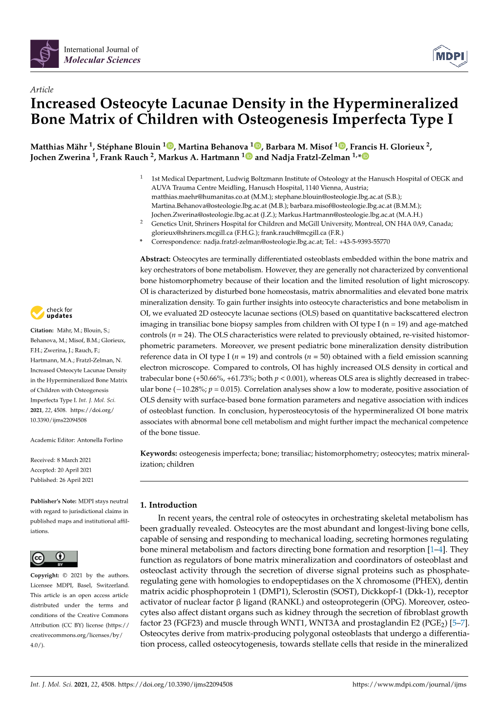 Increased Osteocyte Lacunae Density in the Hypermineralized Bone Matrix of Children with Osteogenesis Imperfecta Type I