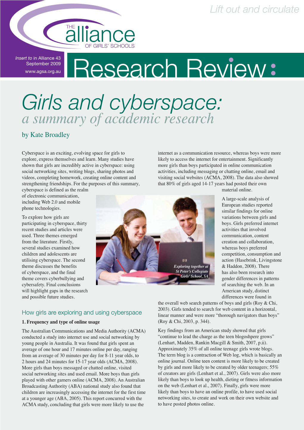 Research Review Girls and Cyberspace: a Summary of Academic Research by Kate Broadley