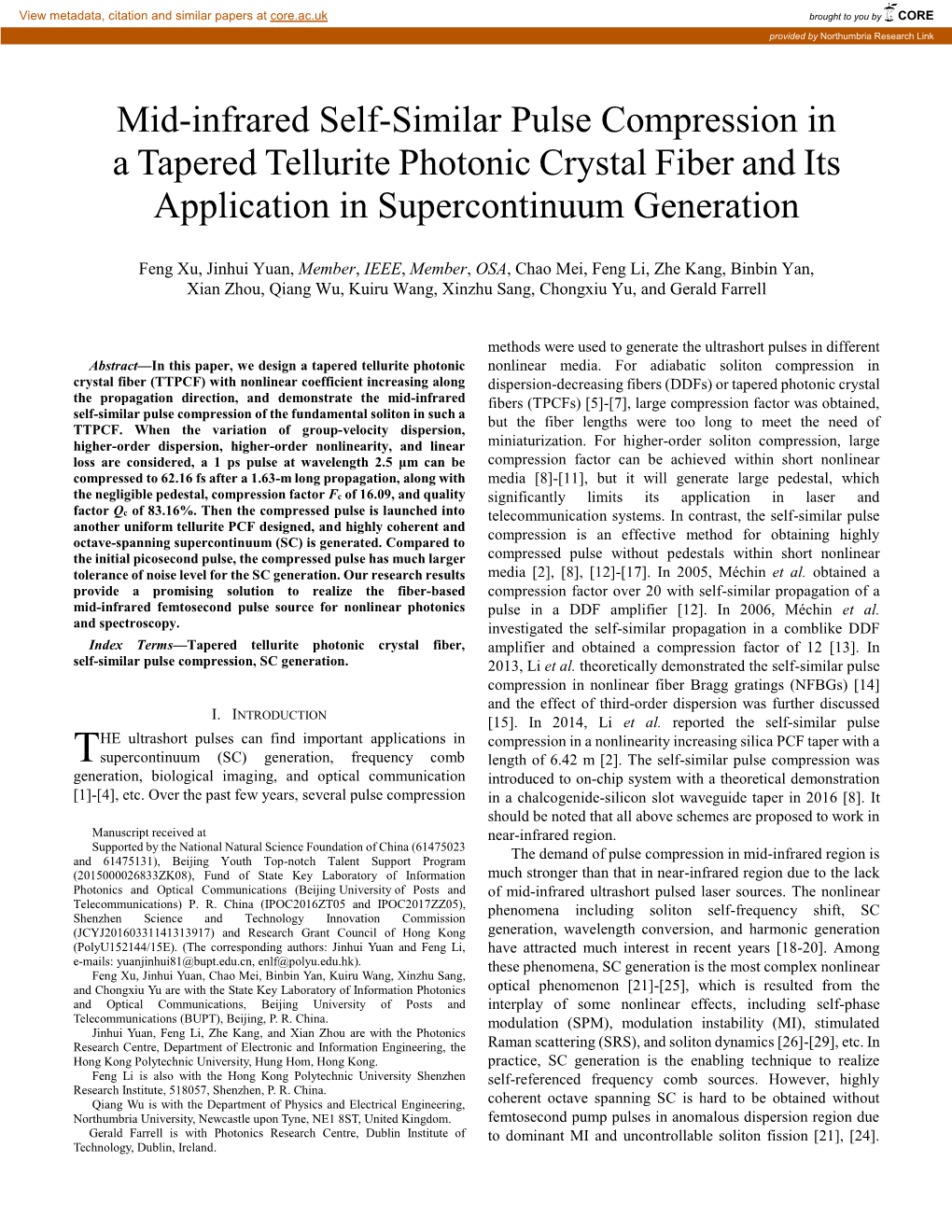 Mid-Infrared Self-Similar Pulse Compression in a Tapered Tellurite Photonic Crystal Fiber and Its Application in Supercontinuum Generation