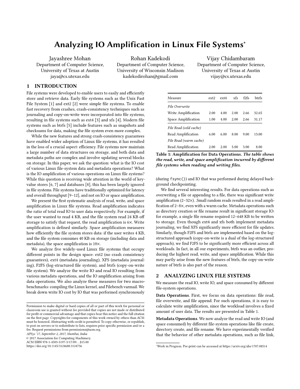 Analyzing IO Amplification in Linux File Systems[1]