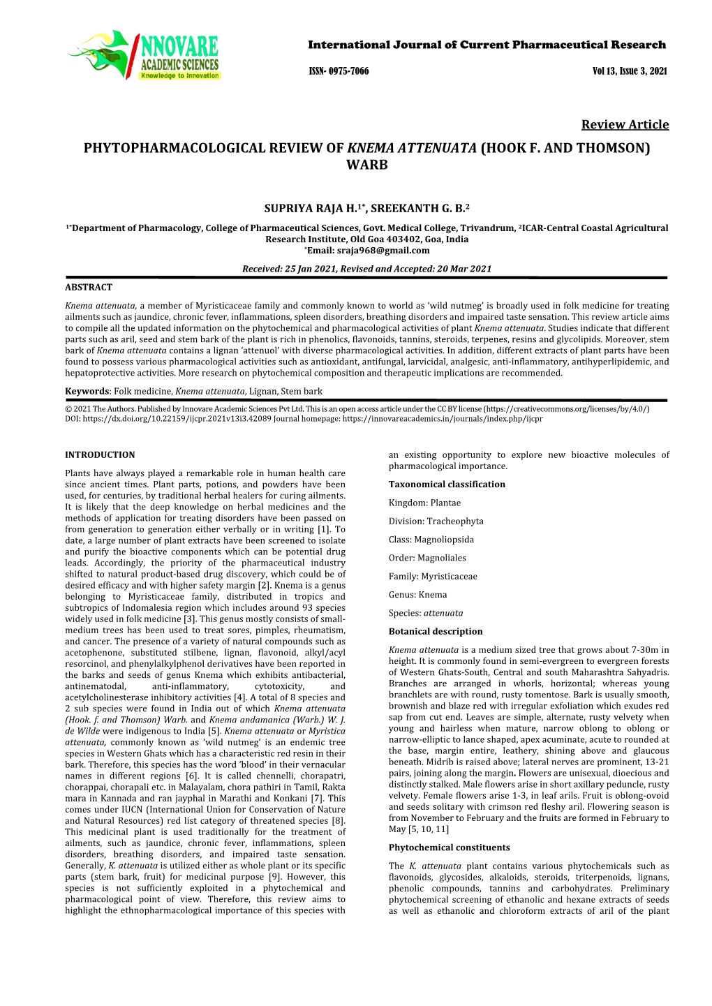 Phytopharmacological Review of Knema Attenuata (Hook F. and Thomson) Warb