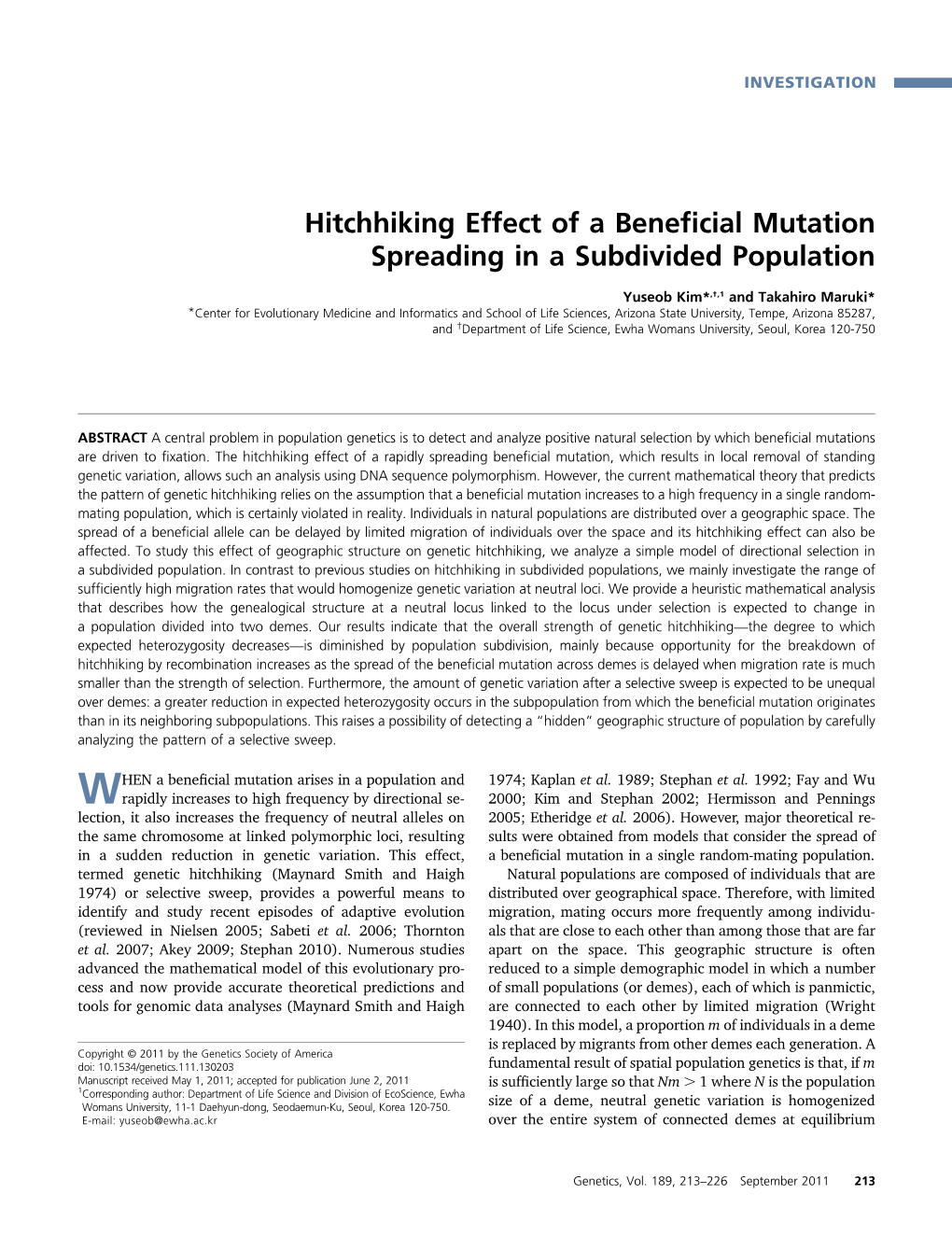 Hitchhiking Effect of a Beneficial Mutation Spreading in a Subdivided