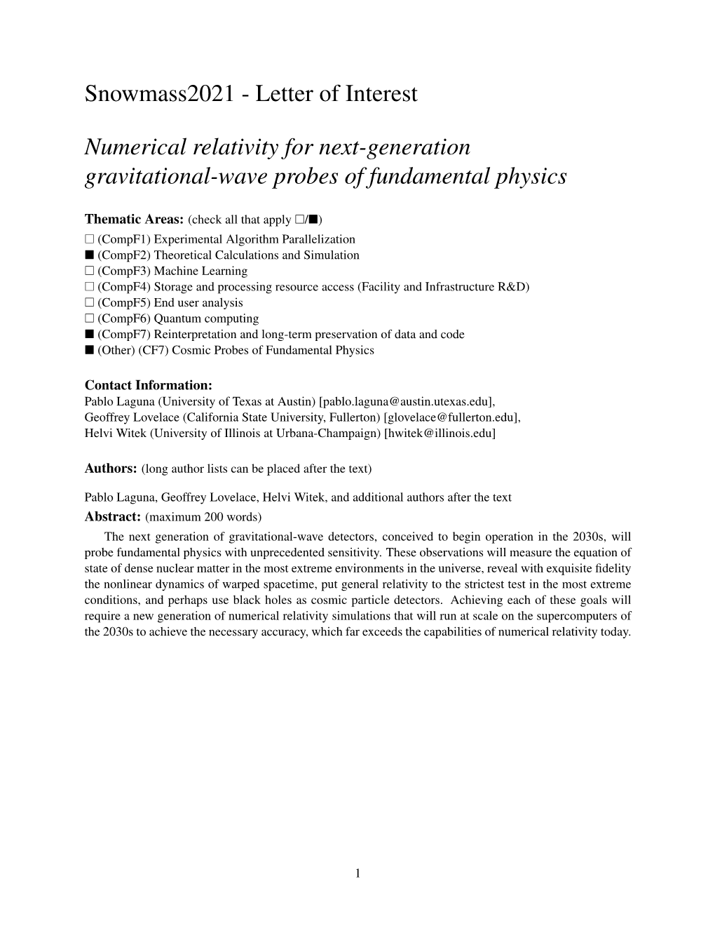 Letter of Interest Numerical Relativity for Next-Generation Gravitational