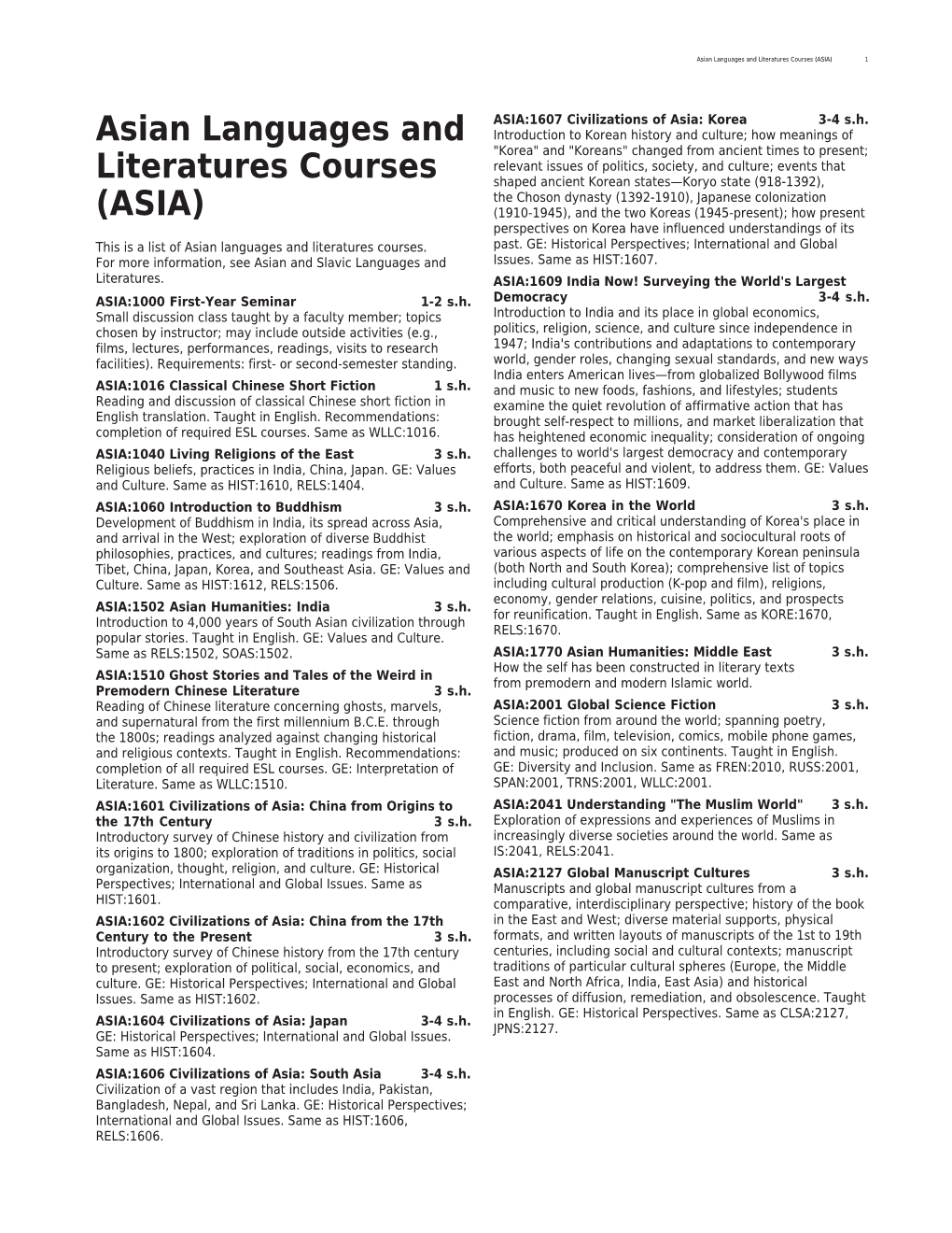 Asian Languages and Literatures Courses (ASIA) 1