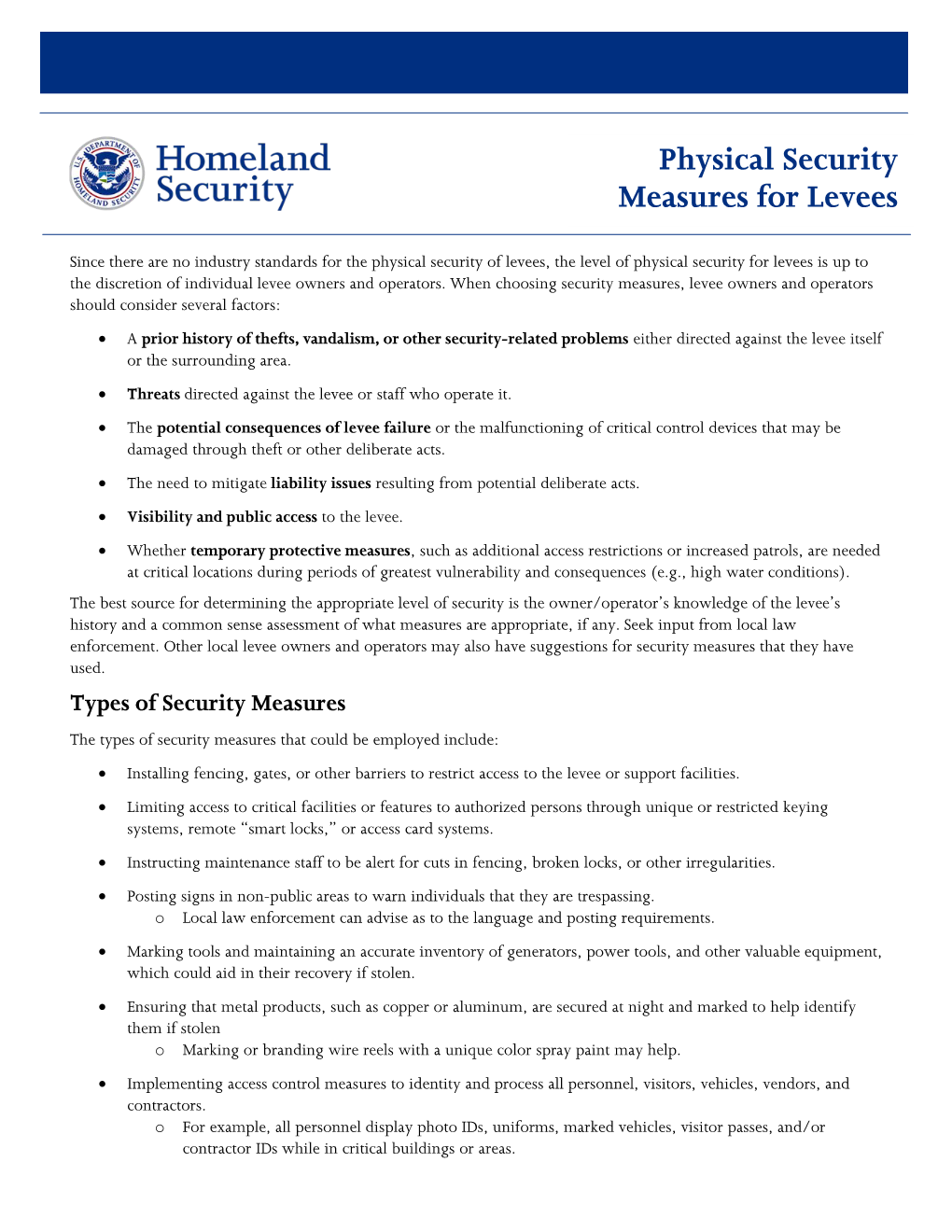 Physical Security Measures for Levees