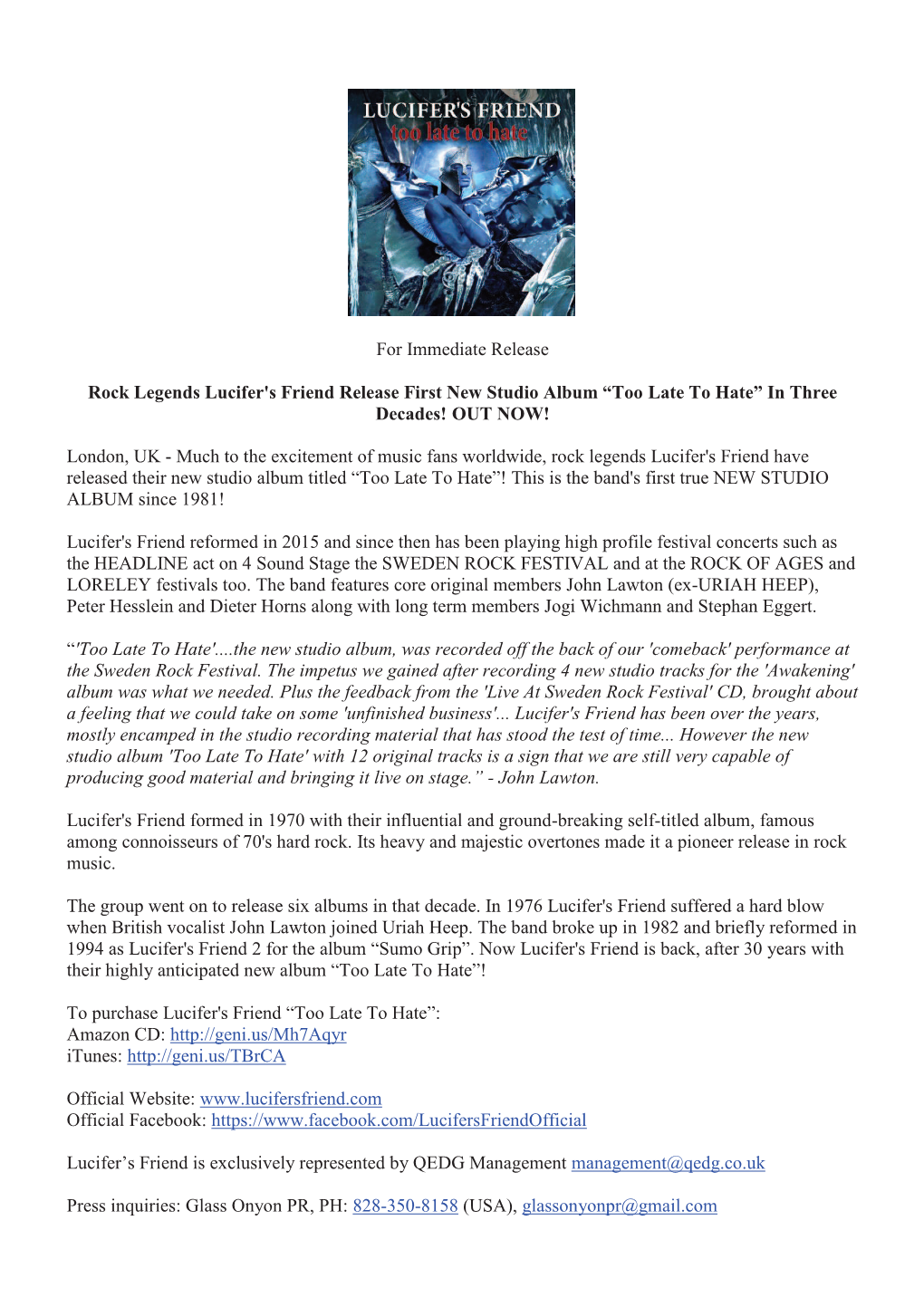 For Immediate Release Rock Legends Lucifer's Friend Release First New