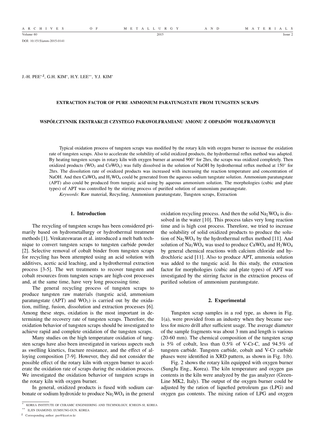 1. Introduction the Recycling of Tungsten Scraps Has Been