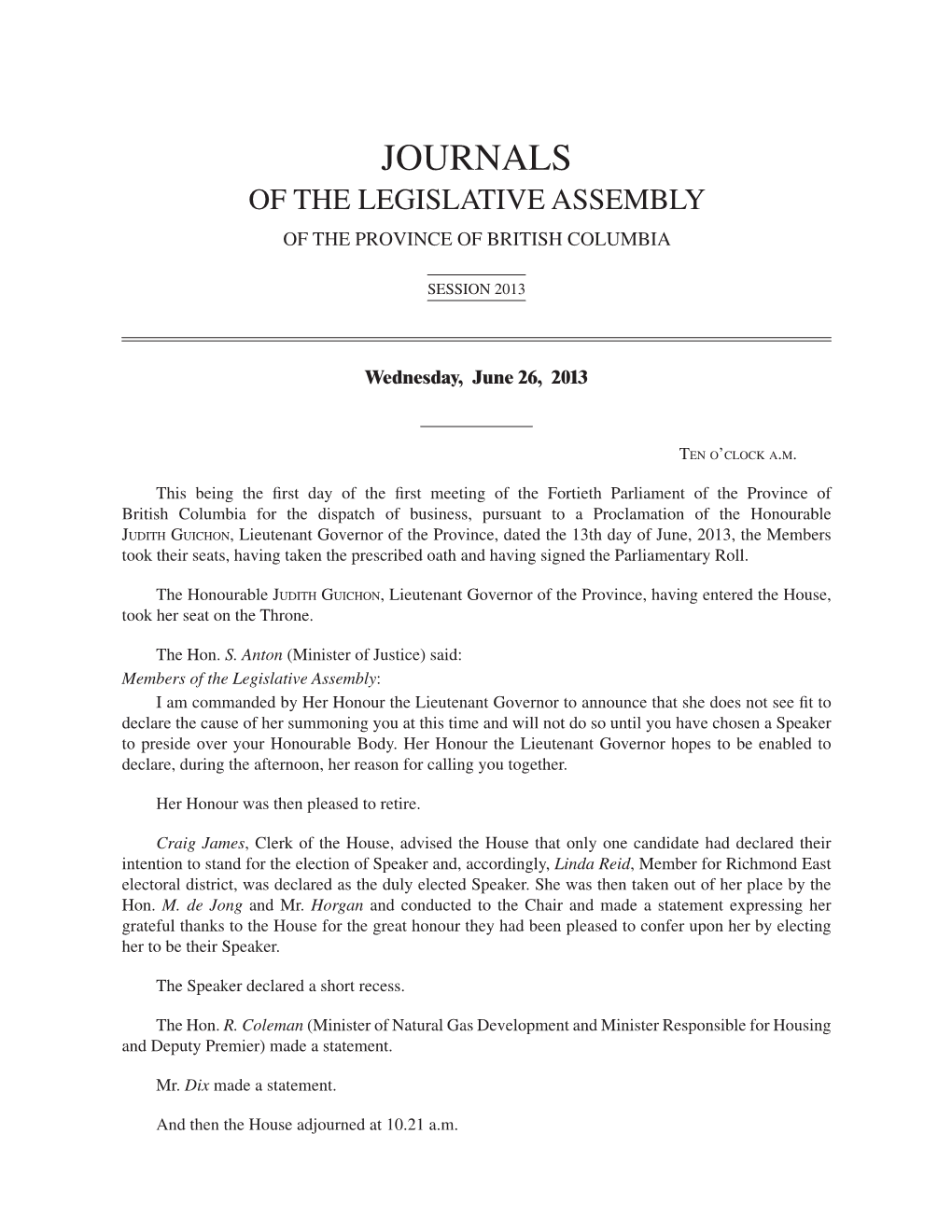 Journals of the Legislative Assembly of the Province of British Columbia