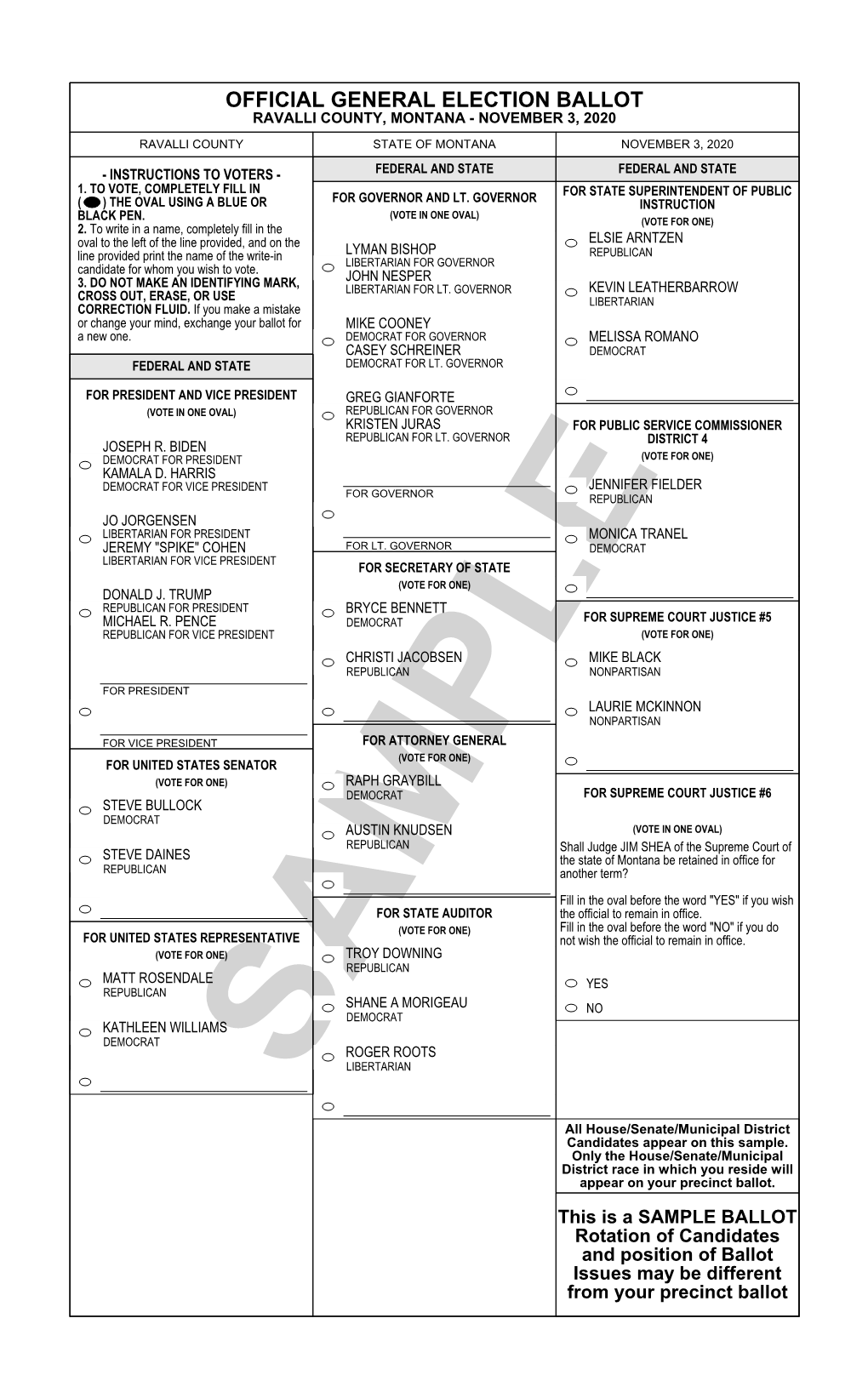 Official General Election Ballot Ravalli County, Montana - November 3, 2020