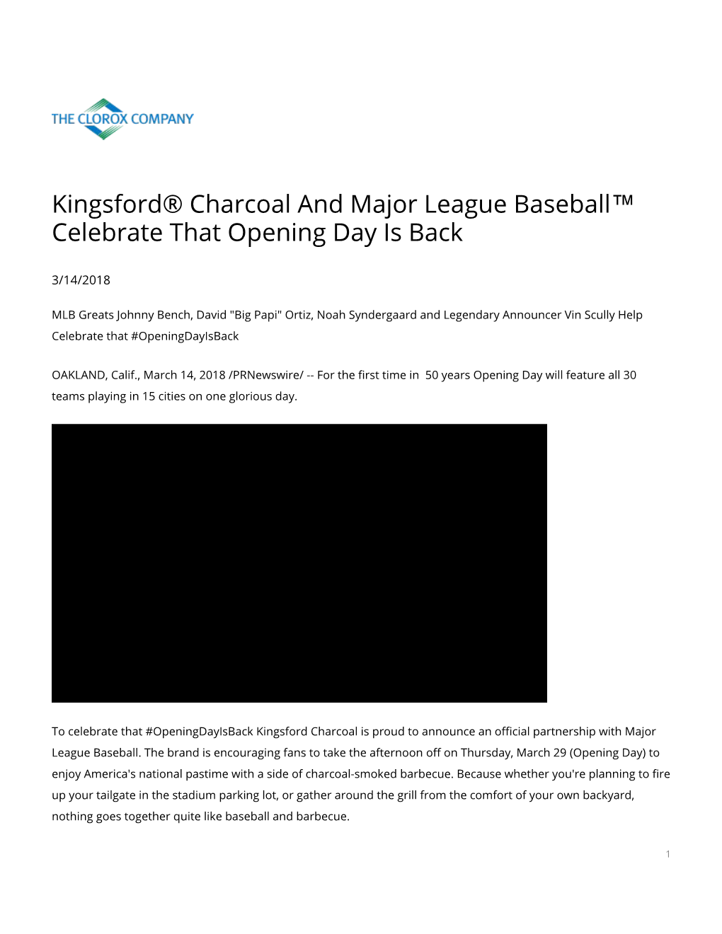 Kingsford® Charcoal and Major League Baseball™ Celebrate That Opening Day Is Back