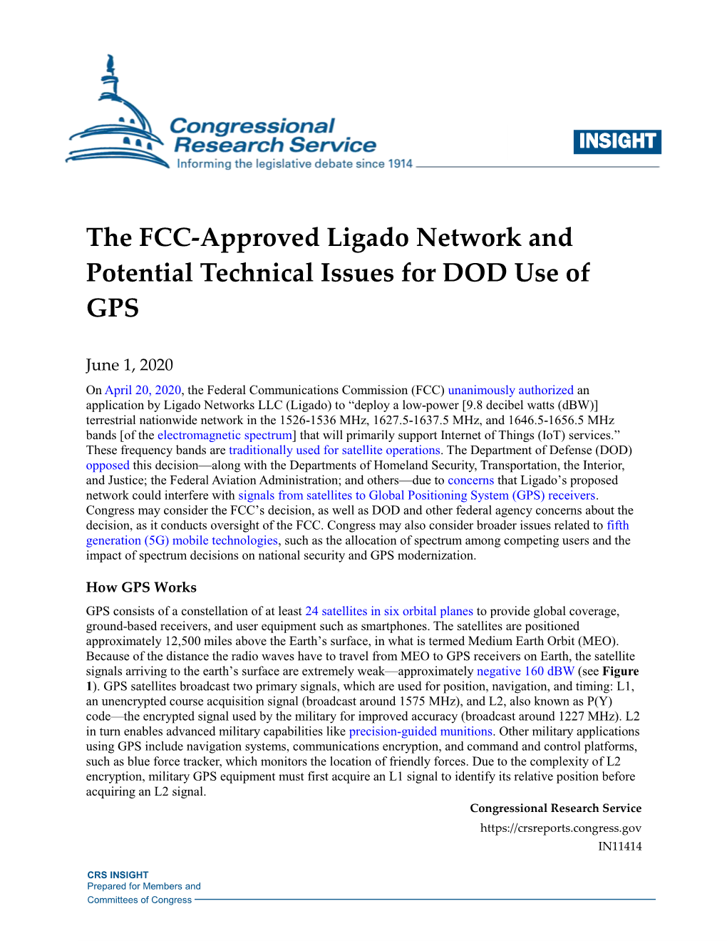 The FCC-Approved Ligado Network and Potential Technical Issues for DOD Use of GPS