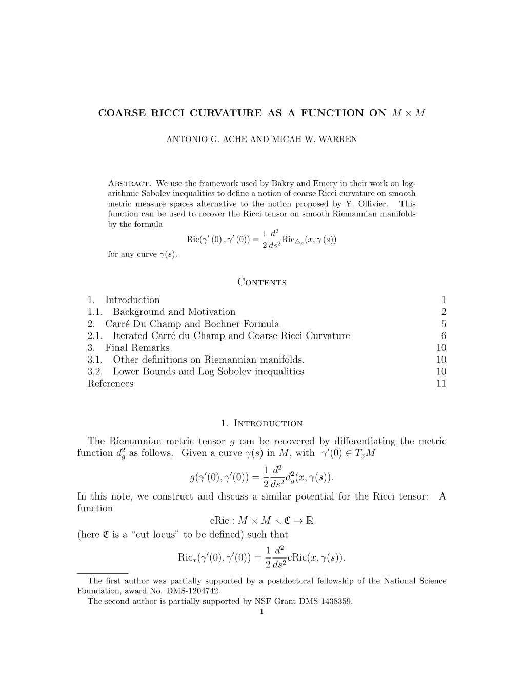 COARSE RICCI CURVATURE AS a FUNCTION on M × M Contents 1