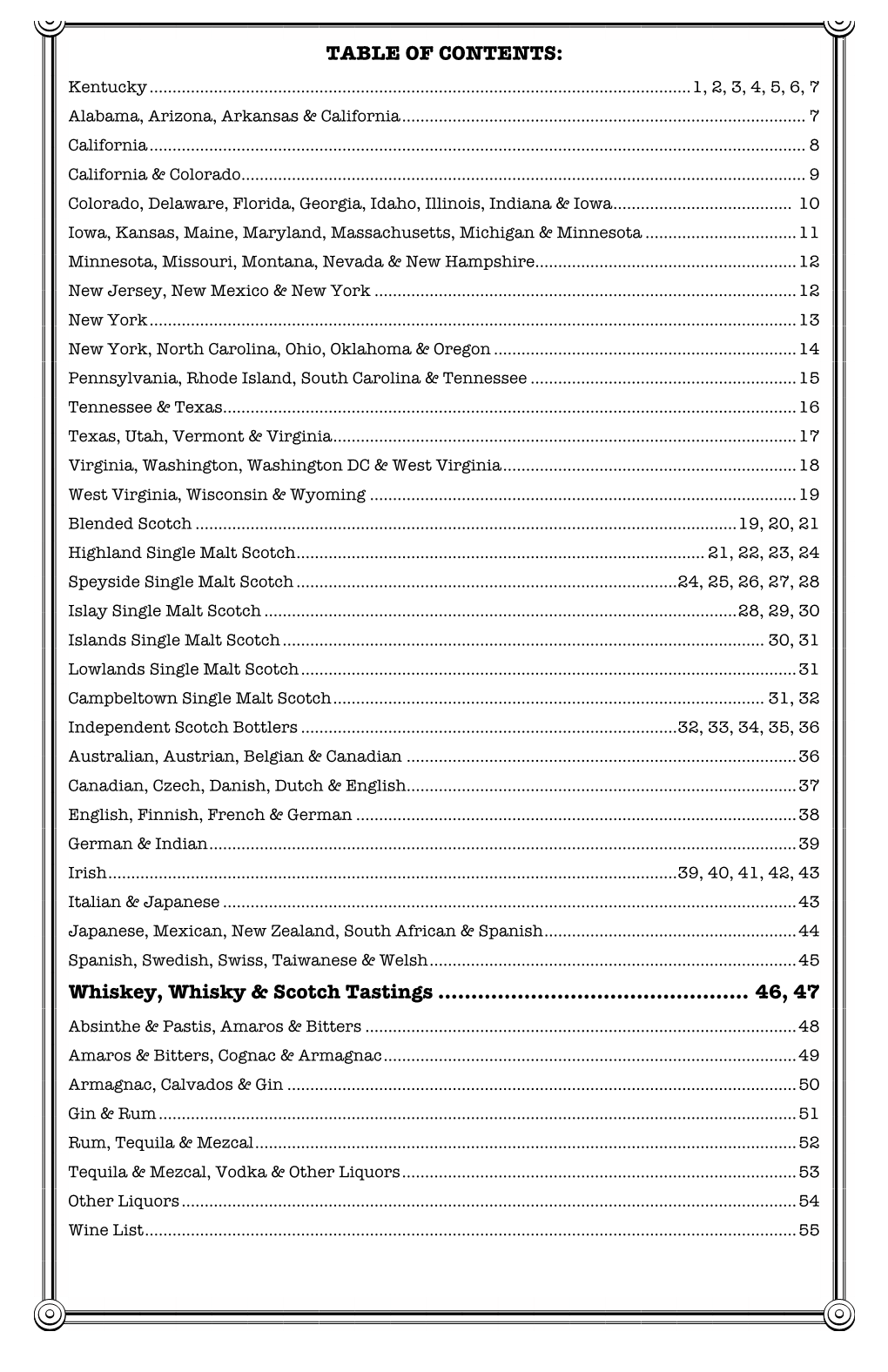 TABLE of CONTENTS: Whiskey, Whisky & Scotch Tastings