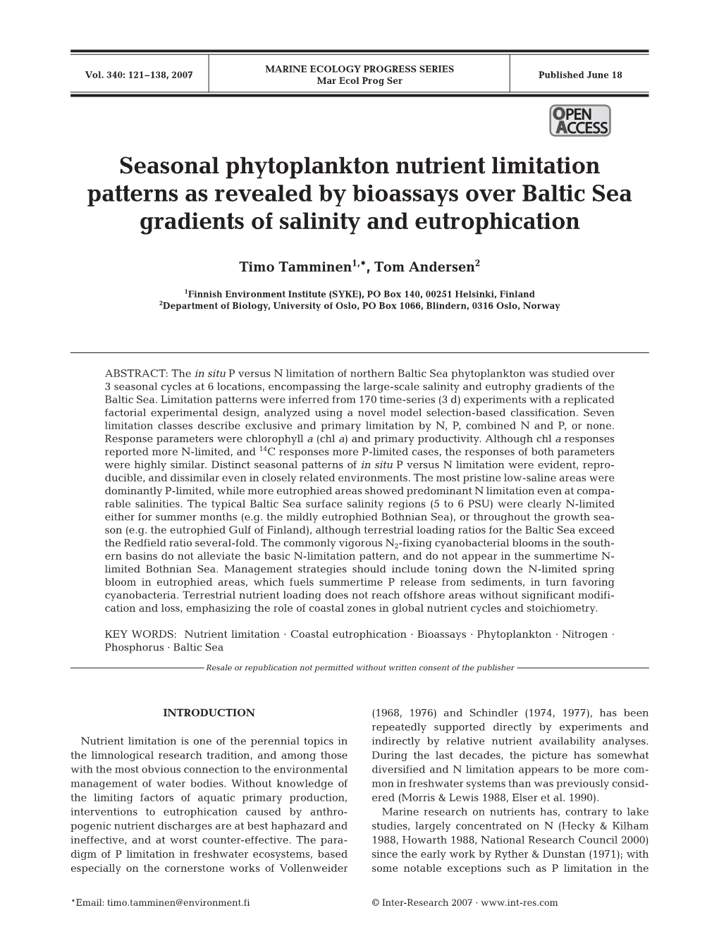 Seasonal Phytoplankton Nutrient Limitation Patterns As Revealed by Bioassays Over Baltic Sea Gradients of Salinity and Eutrophication