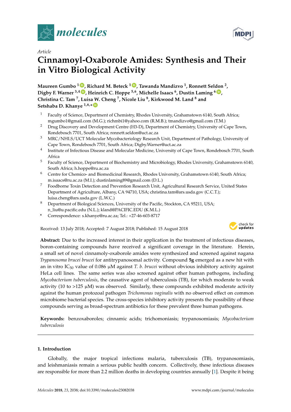 Cinnamoyl-Oxaborole Amides: Synthesis and Their in Vitro Biological Activity