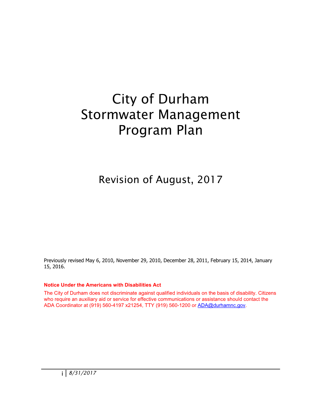 City of Durham Stormwater Management Program Plan
