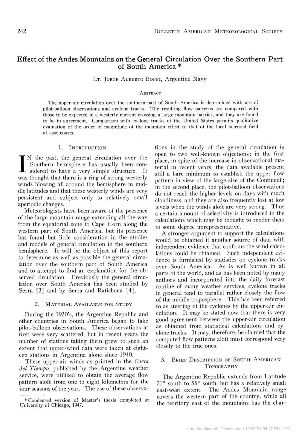 Effect of the Andes Mountains on the General Circulation Over the Southern Part of South America *